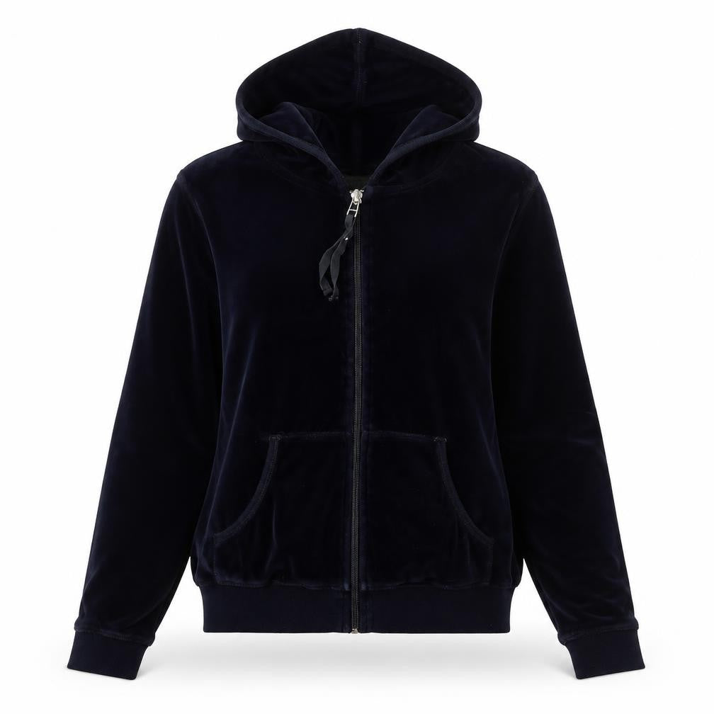 Front view of Mango Basics Women's Black Velour Full Zip Hoodie, size 10