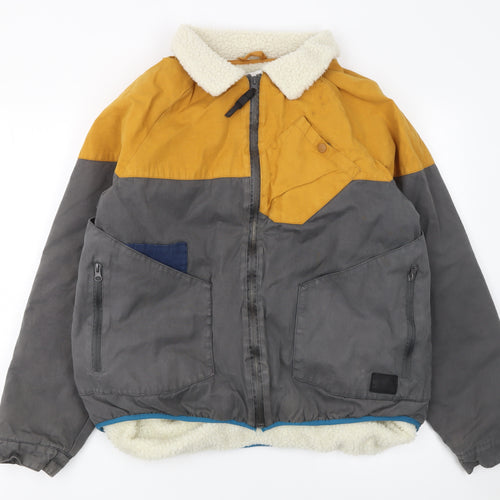 Boxfresh Women Grey Mustard Bomber Jacket L Faux Fur Collar Zip Pockets