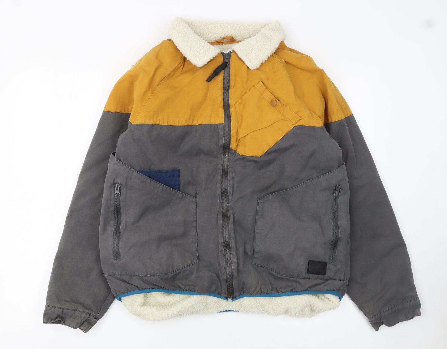 Boxfresh Women Grey Mustard Bomber Jacket L Faux Fur Collar Zip Pockets