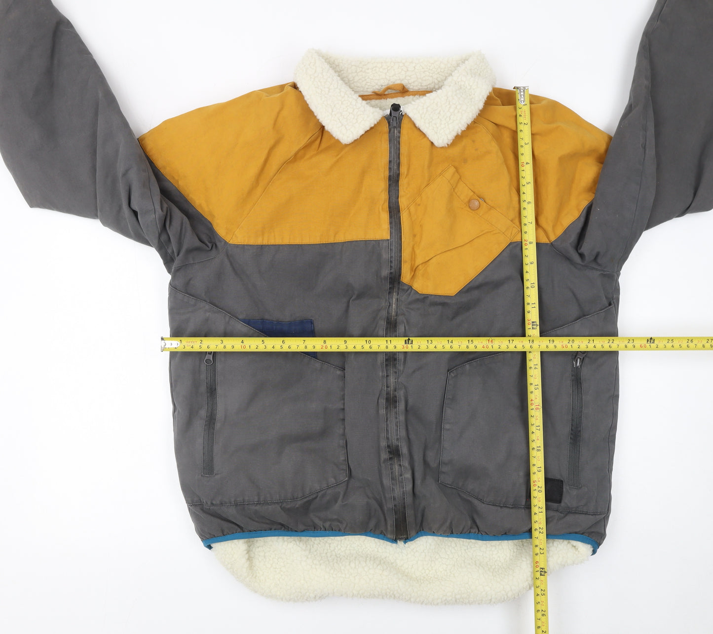 Boxfresh Women Grey Mustard Bomber Jacket L Faux Fur Collar Zip Pockets