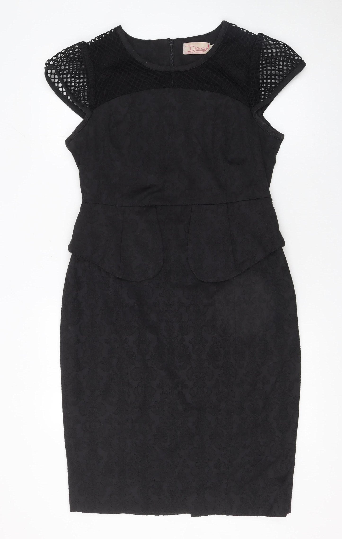 Darcy Women Black Knee Length Sheath Dress L Peplum Mesh Detail