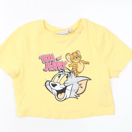 Tom and Jerry Women's Yellow Cropped T-Shirt M Crew Neck Cotton