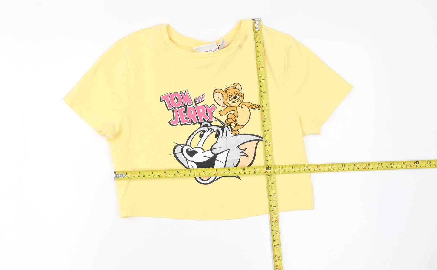 Tom and Jerry Women's Yellow Cropped T-Shirt M Crew Neck Cotton