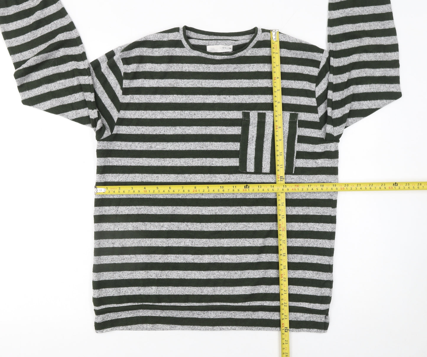 Zara Girls Grey Striped Pullover Knit Jumper 13-14 Years Long Sleeve