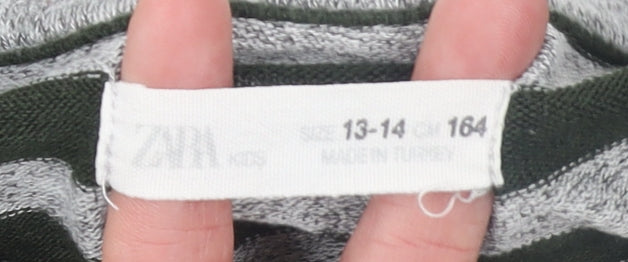 Zara Girls Grey Striped Pullover Knit Jumper 13-14 Years Long Sleeve