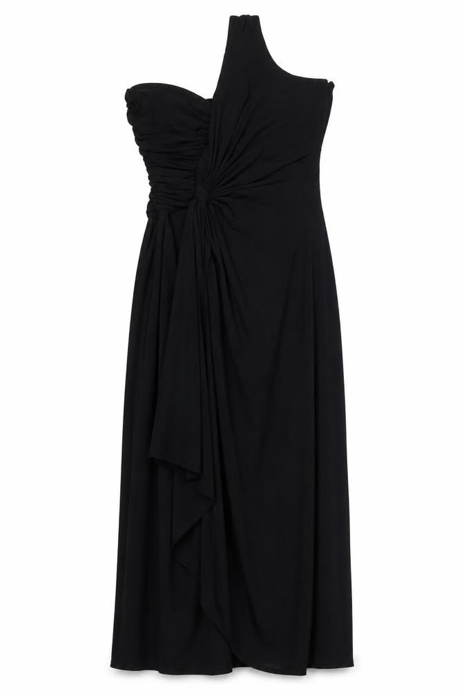 Front view of Marina women’s black one shoulder long formal dress, size UK 18