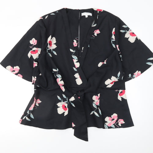 Marc Angelo Women Black Floral Wrap Blouse UK 16 Kimono Sleeve Top