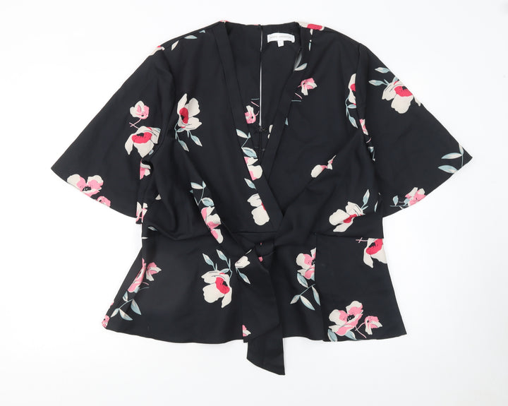 Marc Angelo Women Black Floral Wrap Blouse UK 16 Kimono Sleeve Top