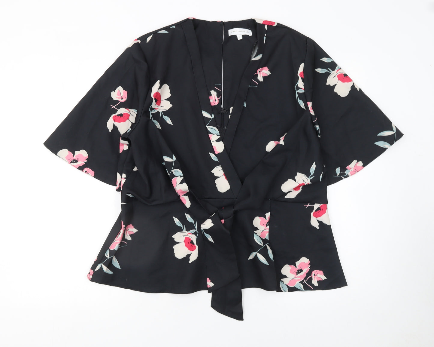 Marc Angelo Women Black Floral Wrap Blouse UK 16 Kimono Sleeve Top