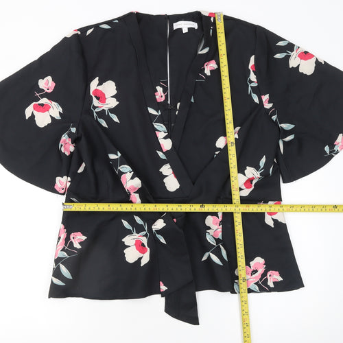 Marc Angelo Women Black Floral Wrap Blouse UK 16 Kimono Sleeve Top
