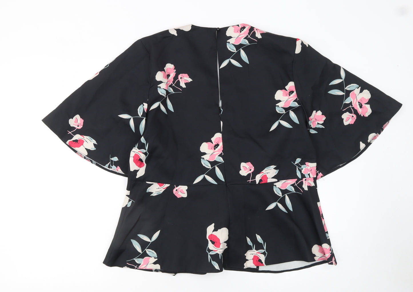 Marc Angelo Women Black Floral Wrap Blouse UK 16 Kimono Sleeve Top