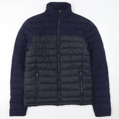 Diesel Men's Blue Puffer Jacket S Regular Fit Full Zip Winter Coat