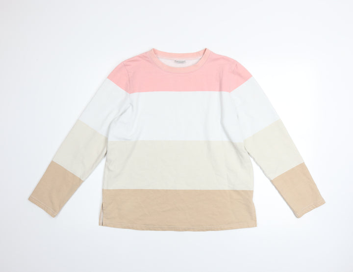Damart Women Beige Pink Stripe Cotton Sweatshirt Size M Long Sleeve