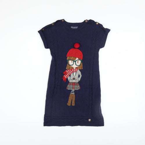 Mayoral Girls Blue Knit Cartoon Shift Dress 8 Years Short Sleeve