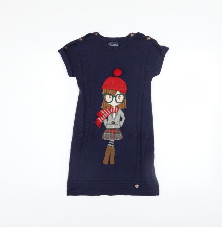 Mayoral Girls Blue Knit Cartoon Shift Dress 8 Years Short Sleeve