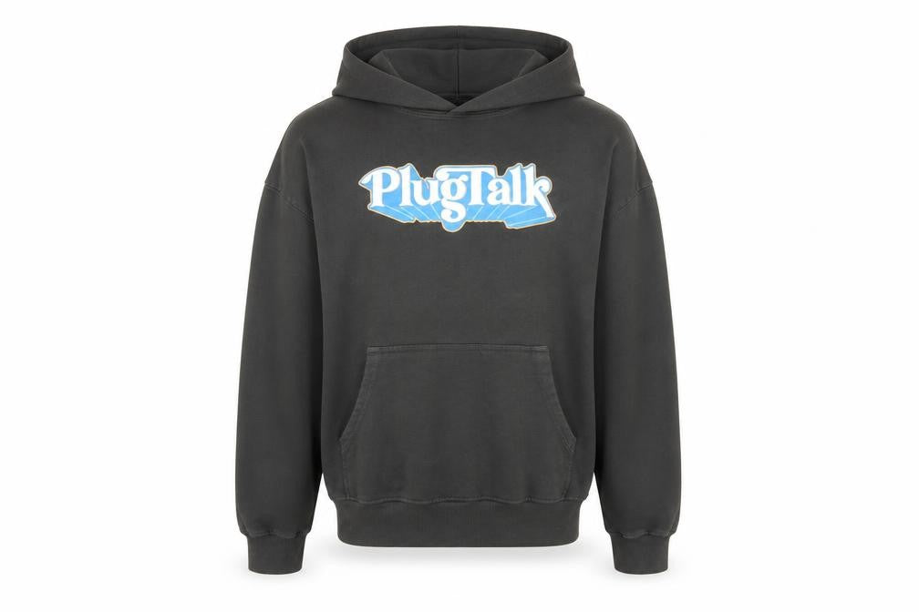 Front view of PlugTalk Men's Black Pullover Hoodie Medium Graphic Fleece Sweatshirt