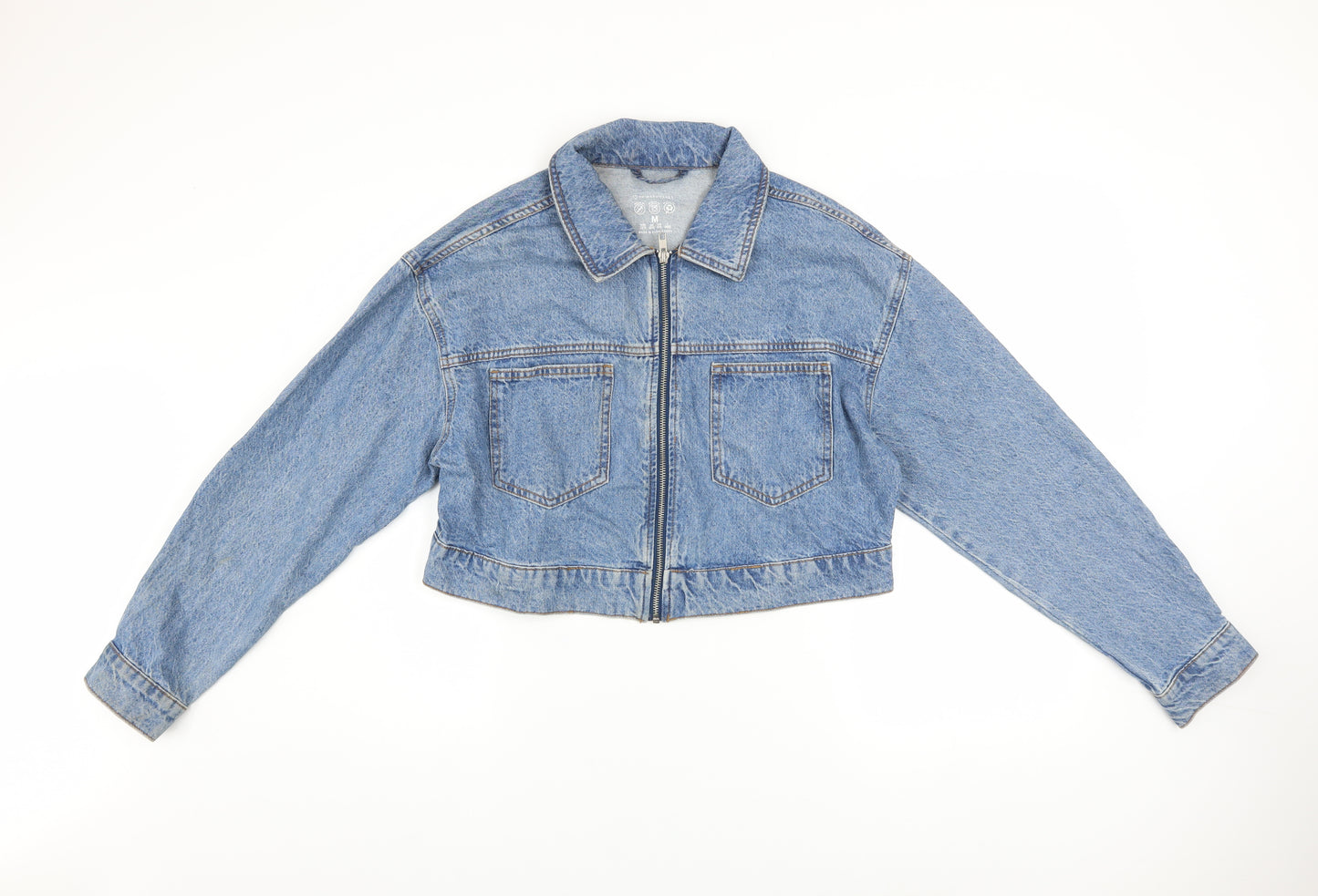 Primark Womens Blue Cropped Denim Jacket Size 12 Zip Front Casual