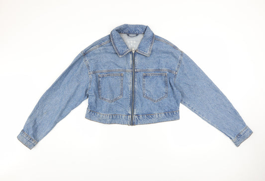 Primark Womens Blue Cropped Denim Jacket Size 12 Zip Front Casual