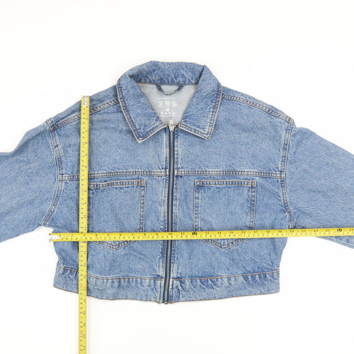 Primark Womens Blue Cropped Denim Jacket Size 12 Zip Front Casual