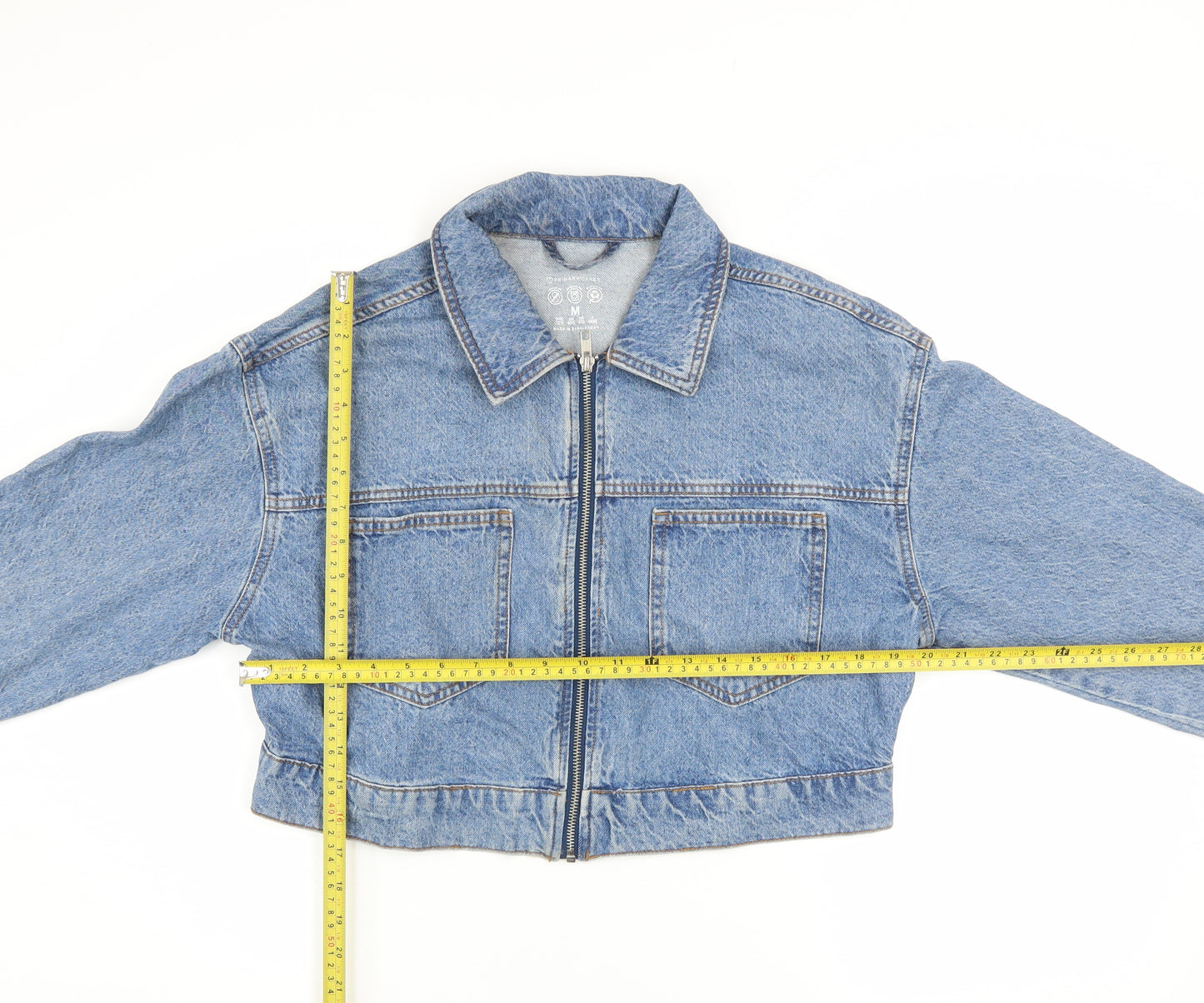 Primark Womens Blue Cropped Denim Jacket Size 12 Zip Front Casual