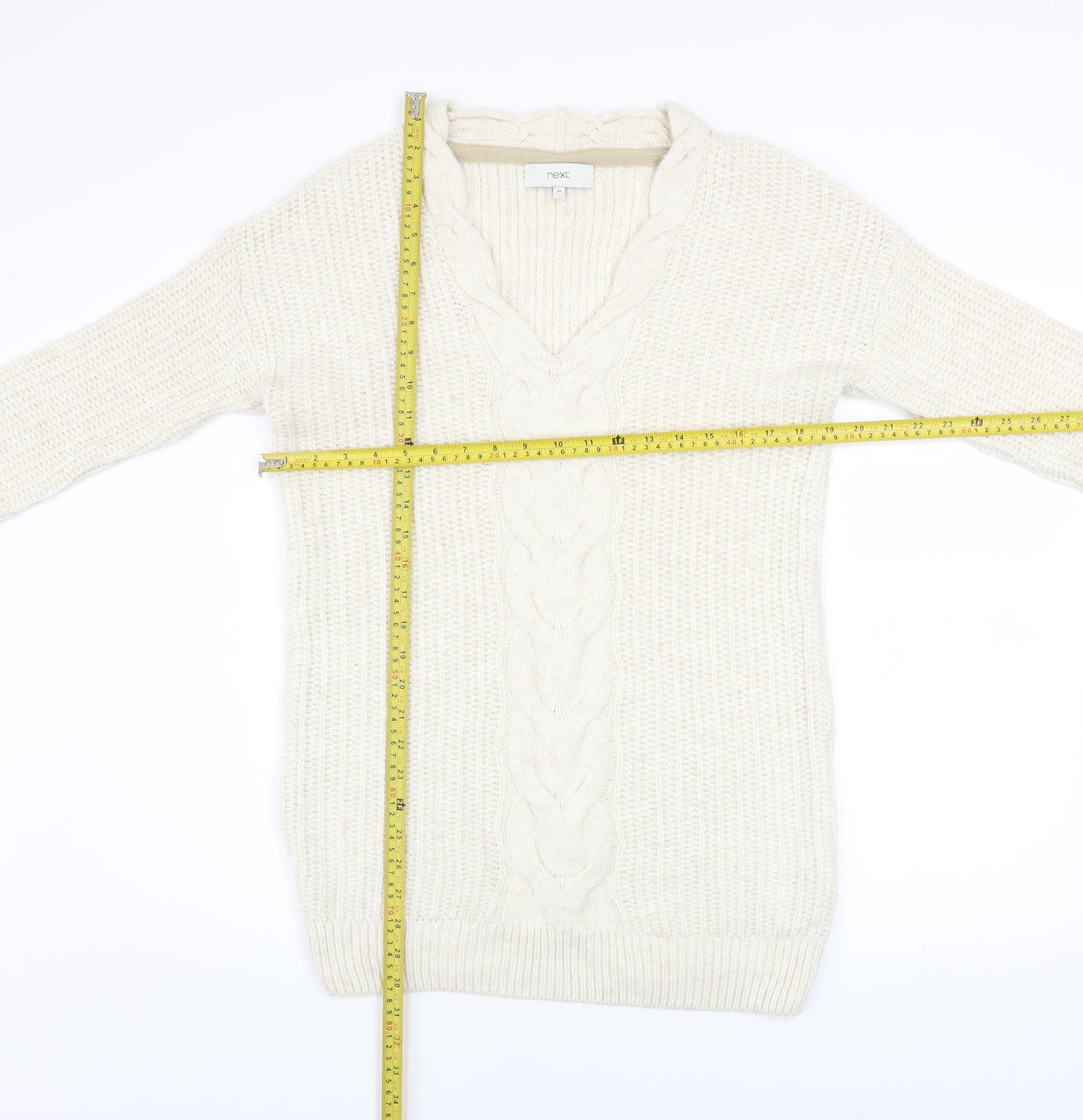 Next Women Ivory Cable-Knit V-Neck Long Sleeve Jumper Size 10