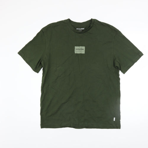 Jack & Jones Men's Green Regular Fit Cotton Crew Neck T-Shirt L