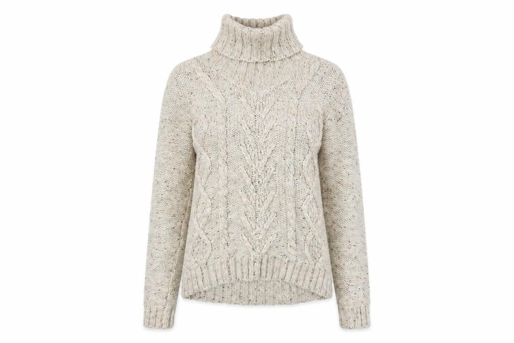 Front view of Gallery Women Beige Cable-Knit Roll Neck Jumper, size L, Wool Blend