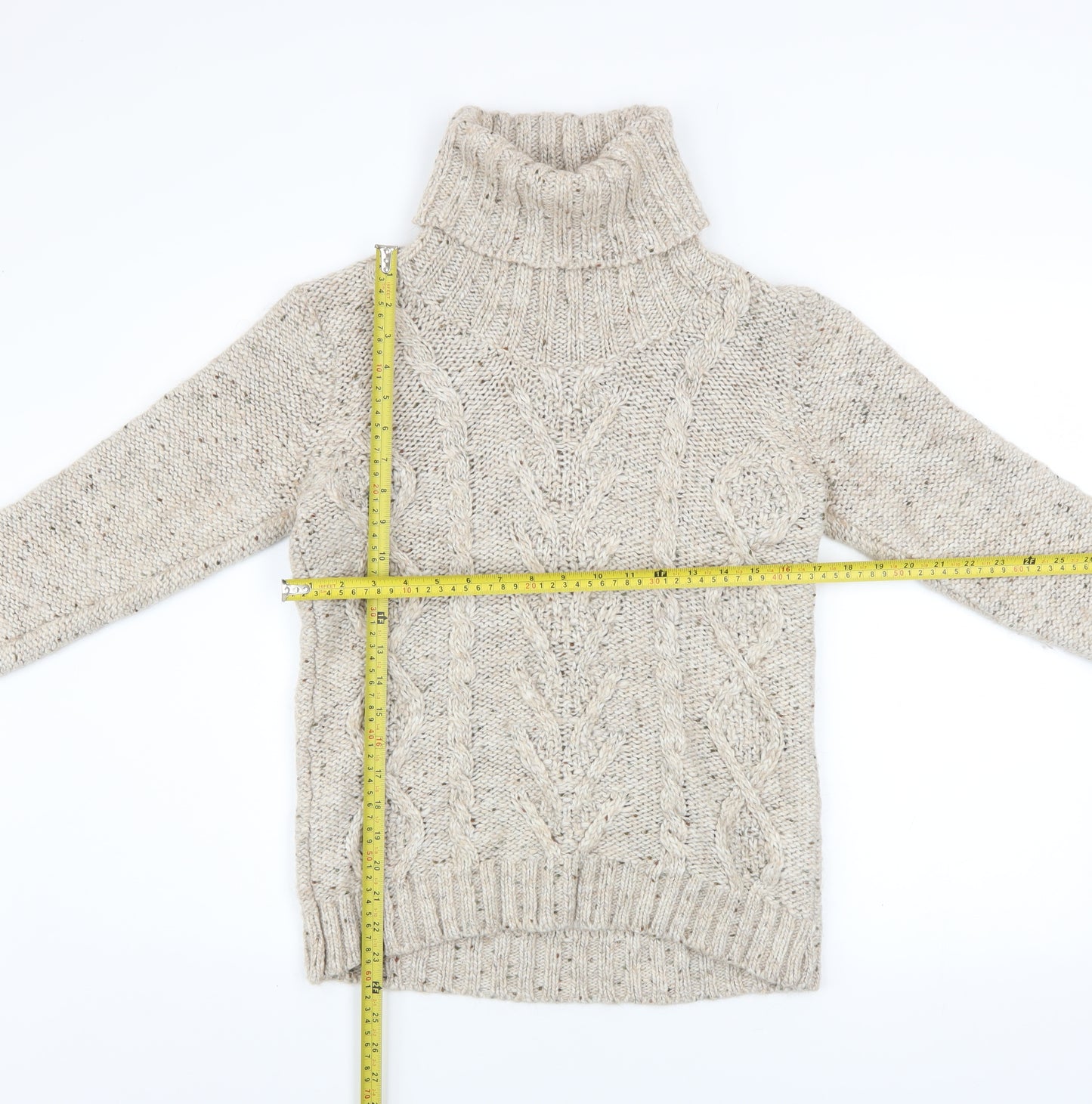 Gallery Women Beige Cable-Knit Roll Neck Jumper Size L Wool Blend