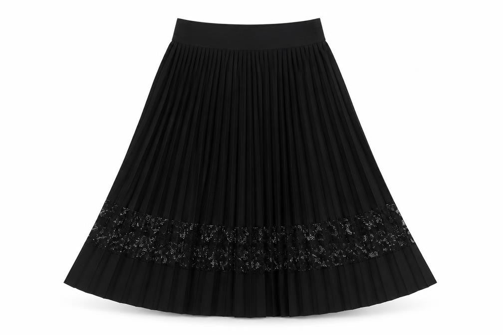 Front view of River Island women’s black pleated lace midi skirt, size UK 6
