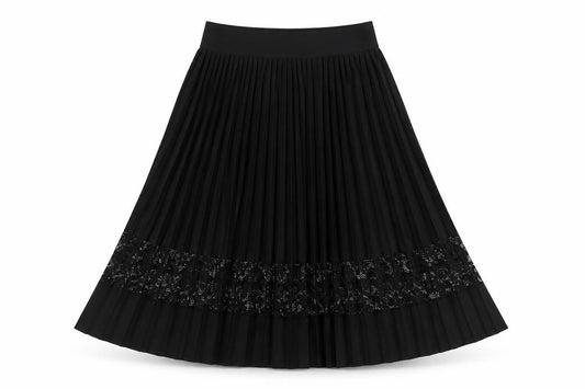 Front view of River Island women’s black pleated lace midi skirt, size UK 6
