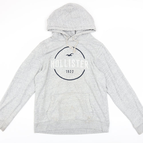 Hollister Men’s Grey Pullover Hoodie L Logo Print Classic Fleece