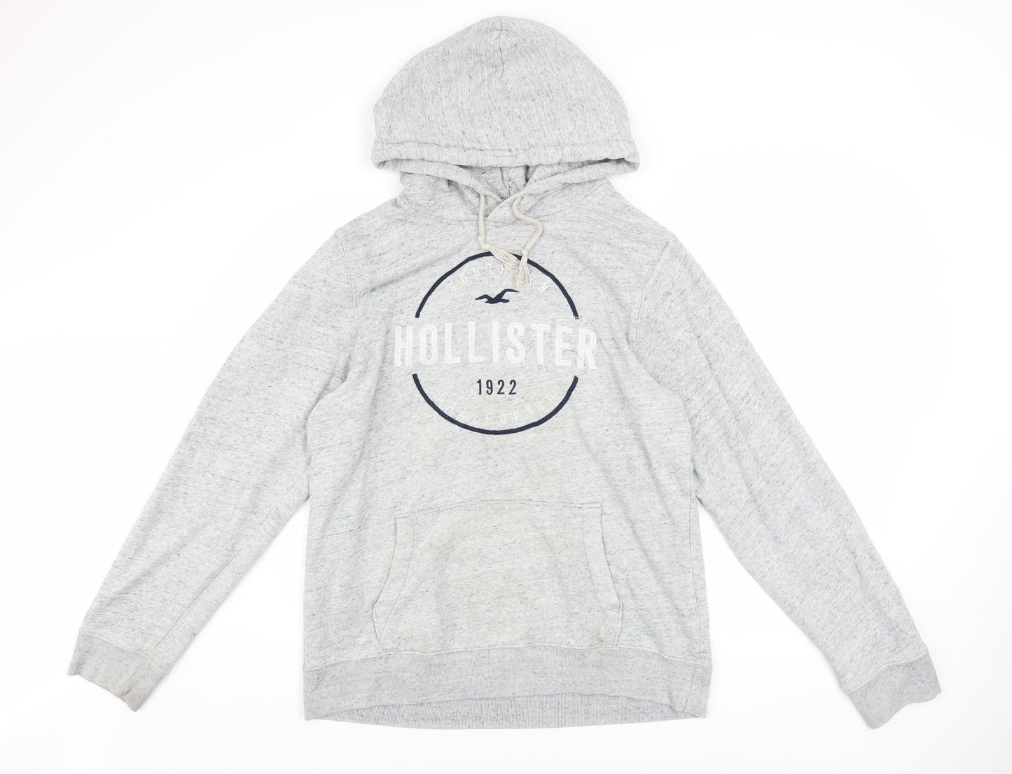 Hollister Men’s Grey Pullover Hoodie L Logo Print Classic Fleece
