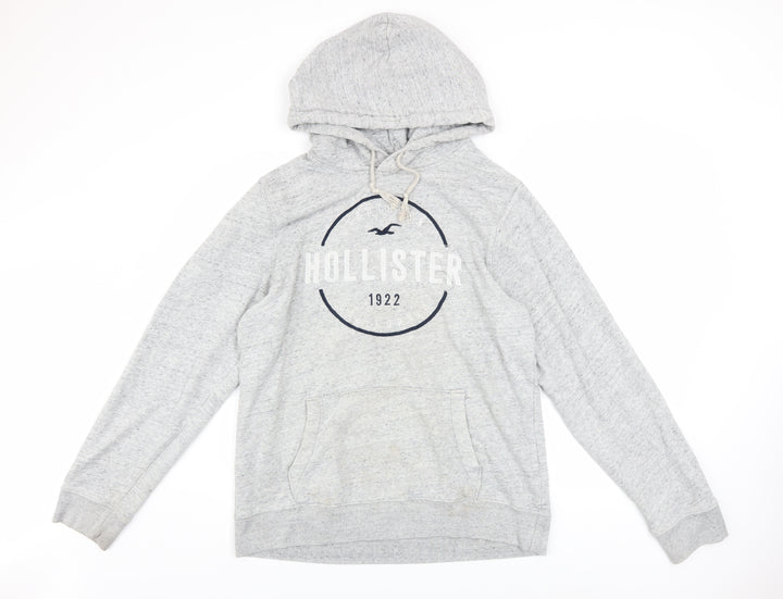 Hollister Men’s Grey Pullover Hoodie L Logo Print Classic Fleece