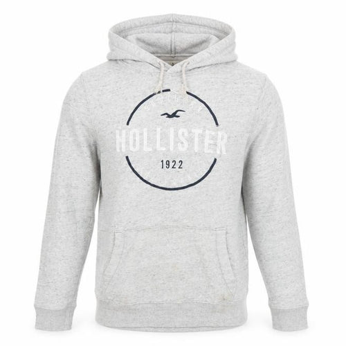 Hollister Men’s Grey Pullover Hoodie L Logo Print Classic Fleece
