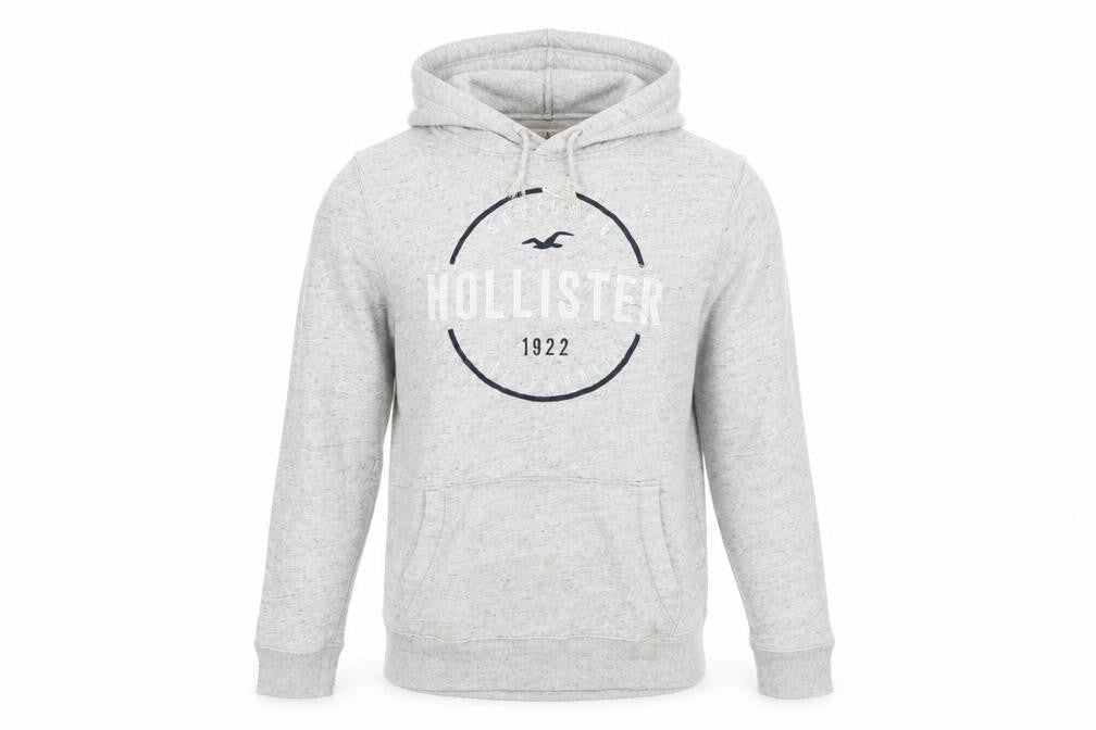 Hollister Men’s Grey Pullover Hoodie L Logo Print Classic Fleece