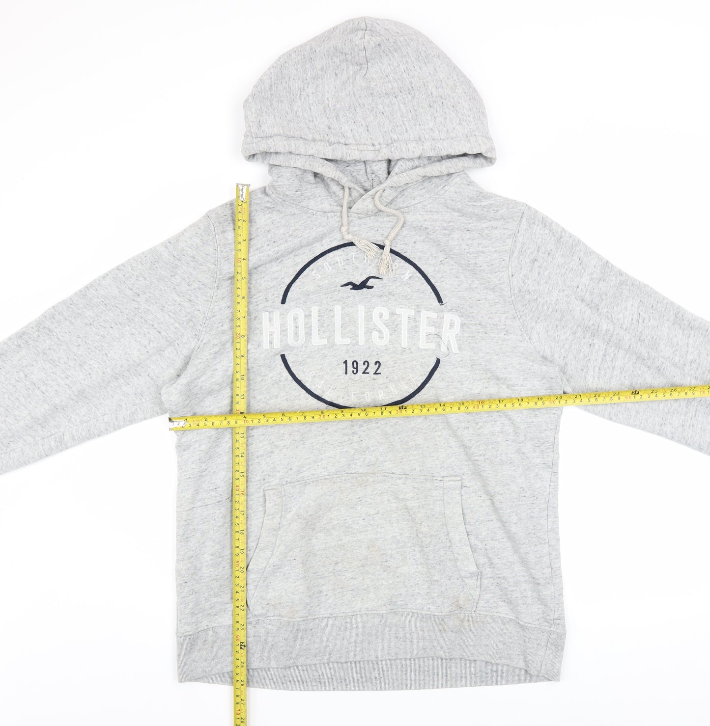 Hollister Men’s Grey Pullover Hoodie L Logo Print Classic Fleece