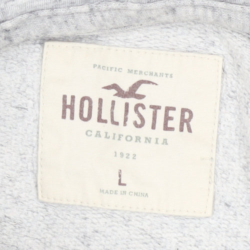 Hollister Men’s Grey Pullover Hoodie L Logo Print Classic Fleece