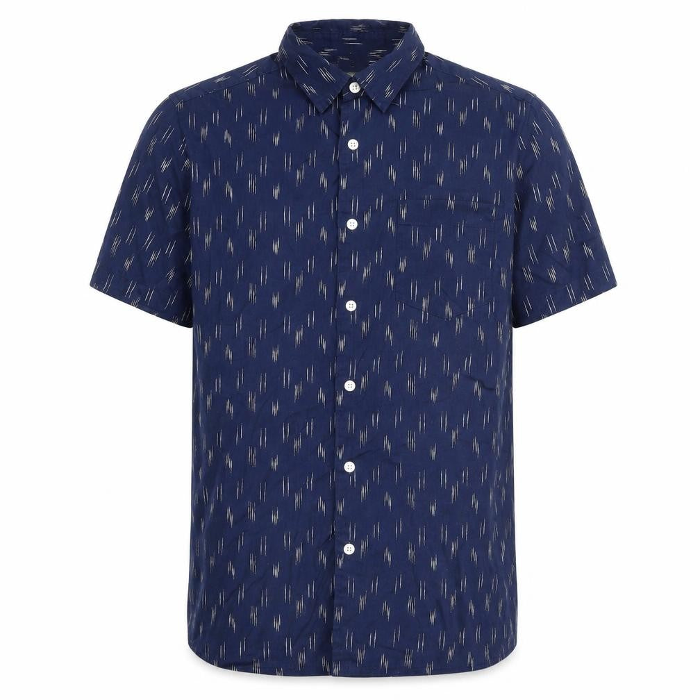 Front view of ASOS men’s blue short sleeve button-up cotton shirt, size S