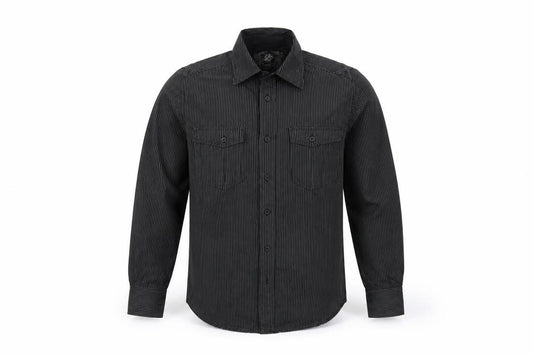 Front view of Cedarwood State Men's Black Striped Long Sleeve Button-Up Shirt, size S