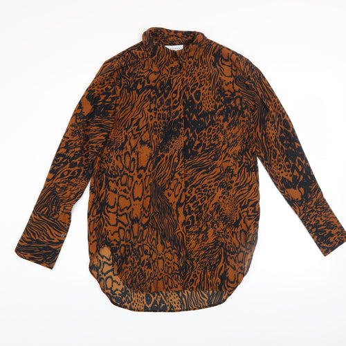 Topshop Women Brown Animal Print High Neck Long Sleeve Tunic Blouse UK 6