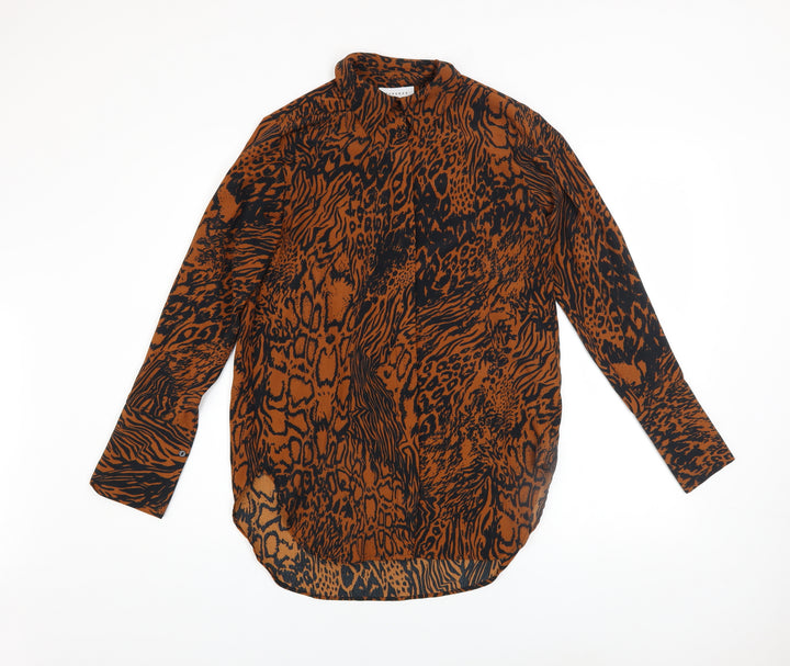 Topshop Women Brown Animal Print High Neck Long Sleeve Tunic Blouse UK 6