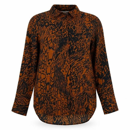 Topshop Women Brown Animal Print High Neck Long Sleeve Tunic Blouse UK 6