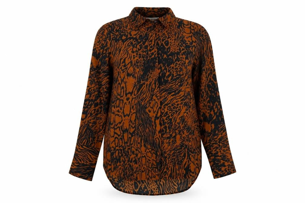 Topshop Women Brown Animal Print High Neck Long Sleeve Tunic Blouse UK 6
