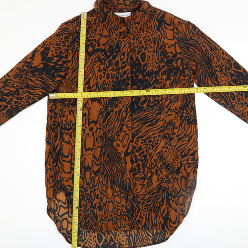 Topshop Women Brown Animal Print High Neck Long Sleeve Tunic Blouse UK 6
