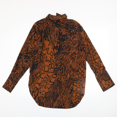 Topshop Women Brown Animal Print High Neck Long Sleeve Tunic Blouse UK 6