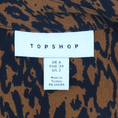Topshop Women Brown Animal Print High Neck Long Sleeve Tunic Blouse UK 6