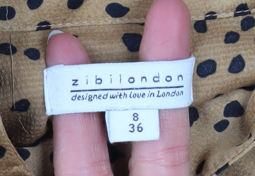 Zibilondon Womens Brown Polka Dot High Neck Long Sleeve Blouse Size 8