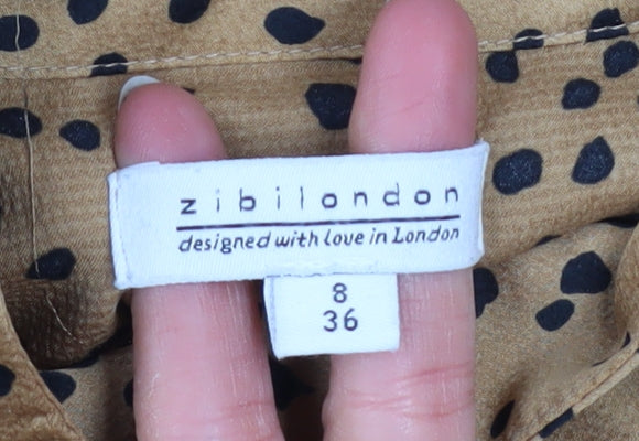 Zibilondon Womens Brown Polka Dot High Neck Long Sleeve Blouse Size 8