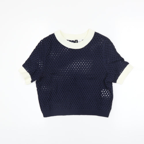H&M Divided Women's Blue Crochet Knit Cropped Short Sleeve Top Size S