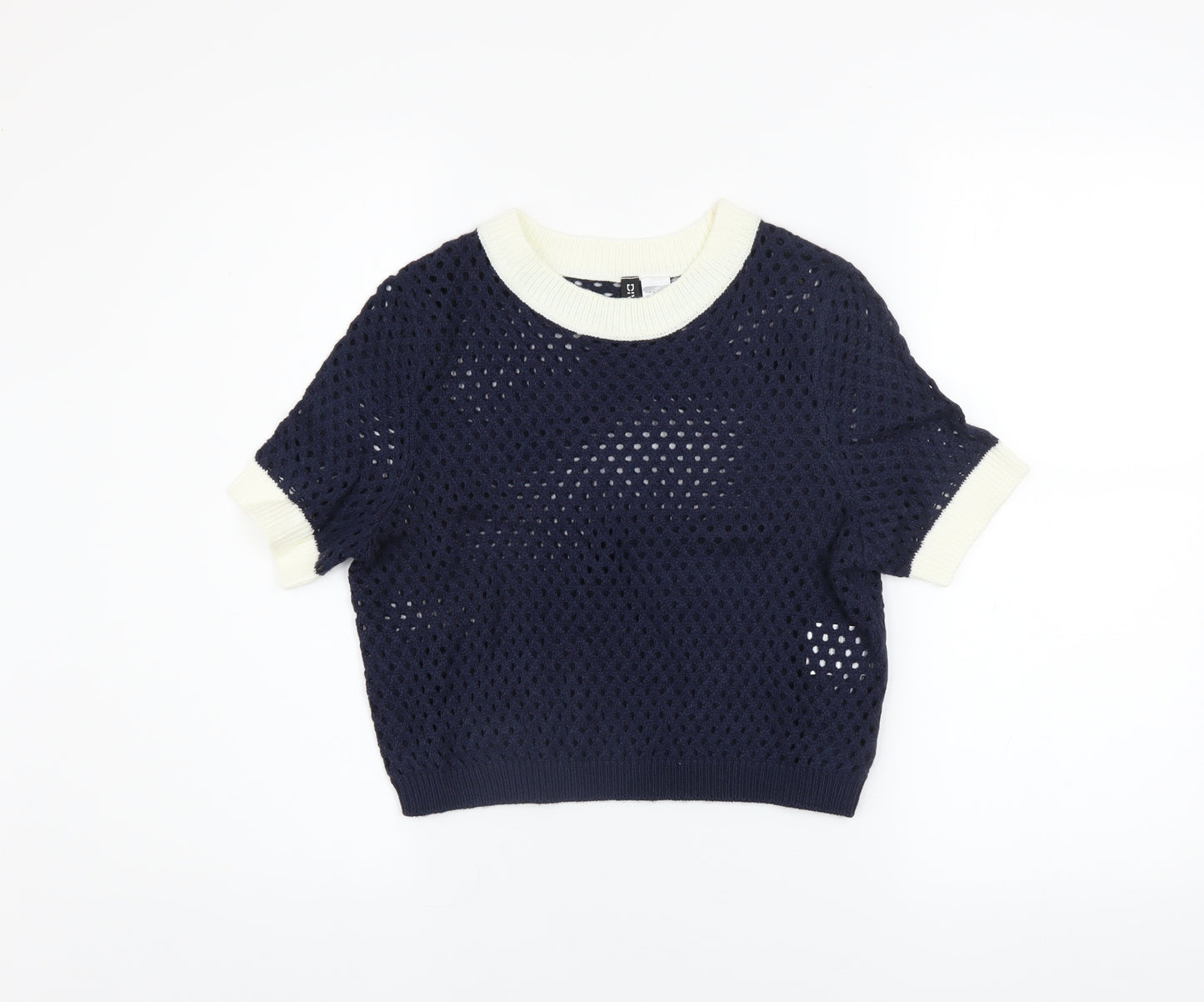 H&M Divided Women's Blue Crochet Knit Cropped Short Sleeve Top Size S